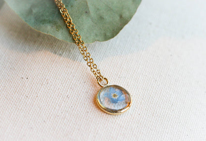 Blue Forget Me Not Necklace | Gold Circle Pendant - Rest of the Nest