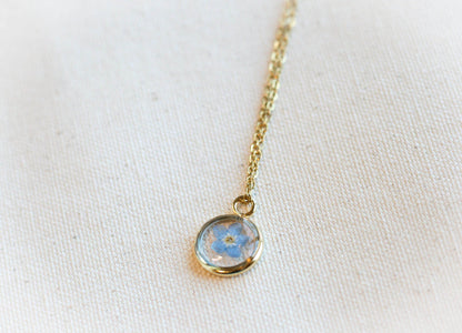 Blue Forget Me Not Necklace | Gold Circle Pendant - Rest of the Nest