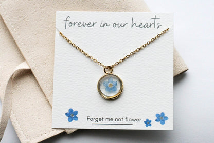 Blue Forget Me Not Necklace | Gold Circle Pendant - Rest of the Nest