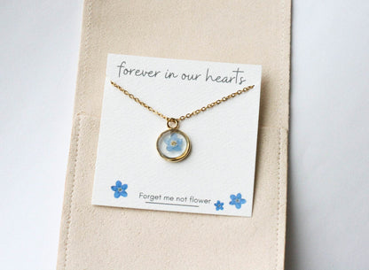 Blue Forget Me Not Necklace | Gold Circle Pendant - Rest of the Nest