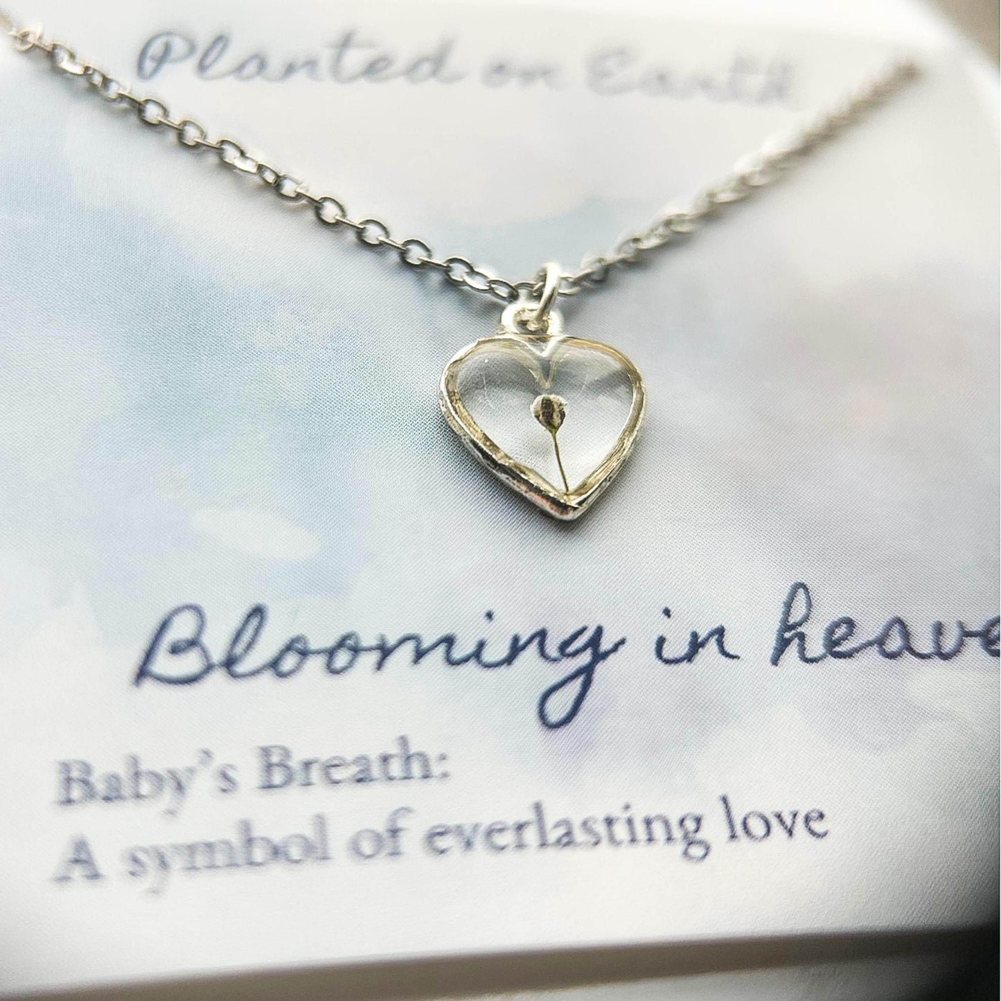 Baby's Breath Flower Necklace | Silver Heart Pendant - Rest of the Nest