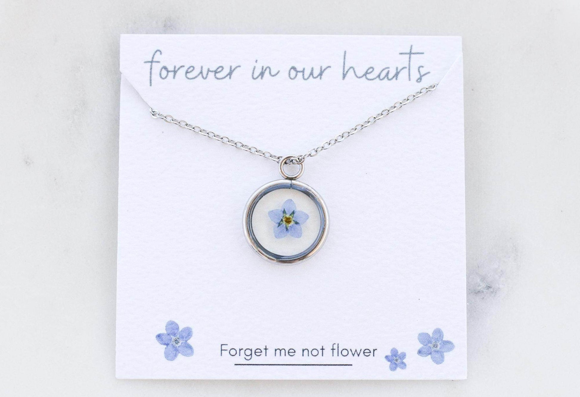 Blue Forget Me Not Necklace | Silver Circle Pendant - Sale - Rest of the Nest