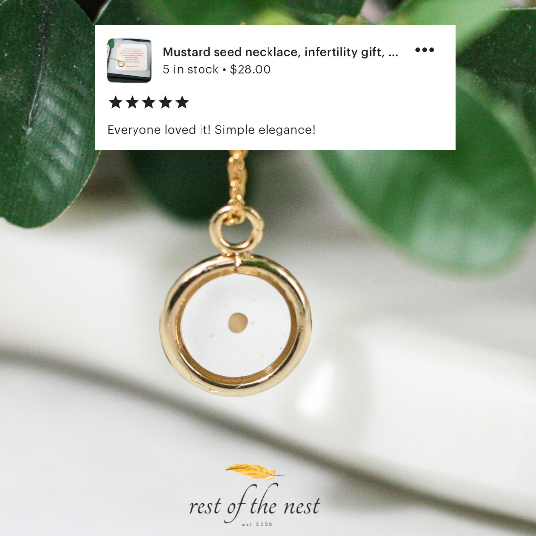 gold mustard seed necklace with a 5 star review reading "everyone loved it! Simple elegance!"