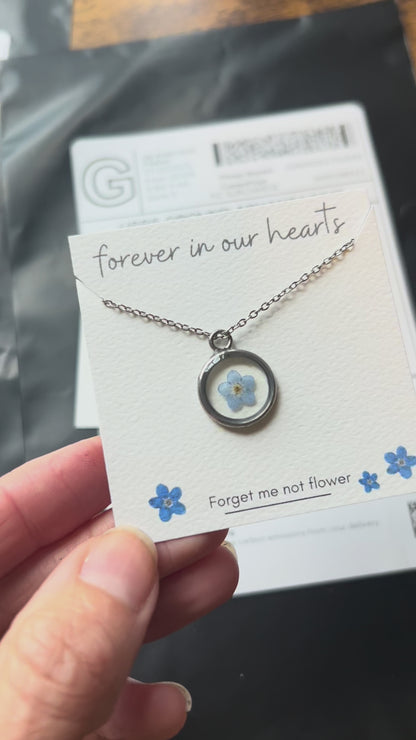 Blue Forget Me Not Necklace | Silver Circle Pendant - Sale