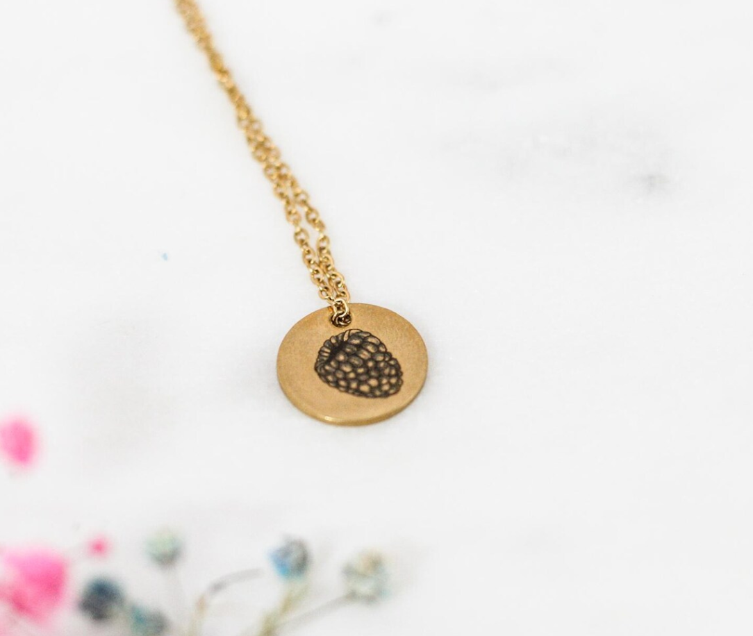 raspberry engraved onto gold pendant necklace 