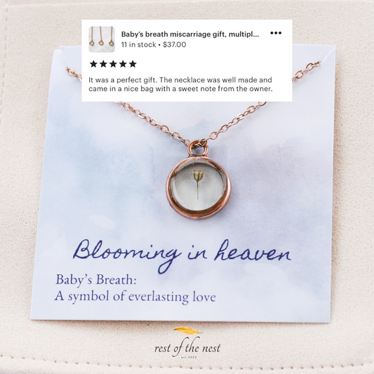 one piece of babys breath in a rose gold pendant necklace with a 5 star review