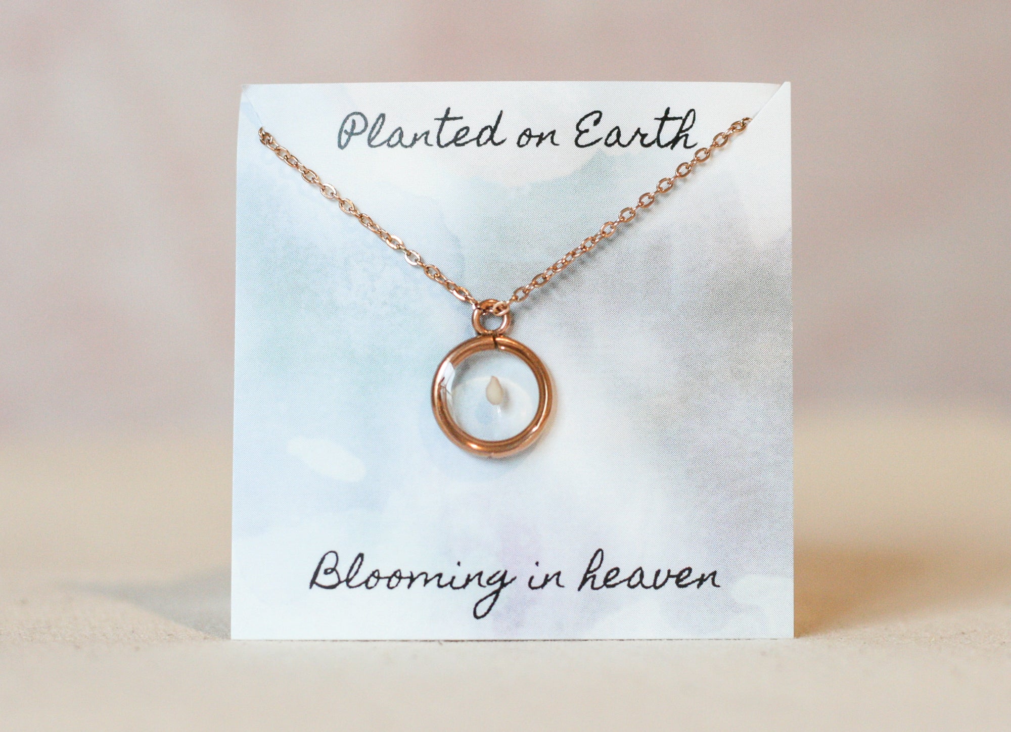 one sesame seed inside of a rose gold necklace pendant on a card reading 