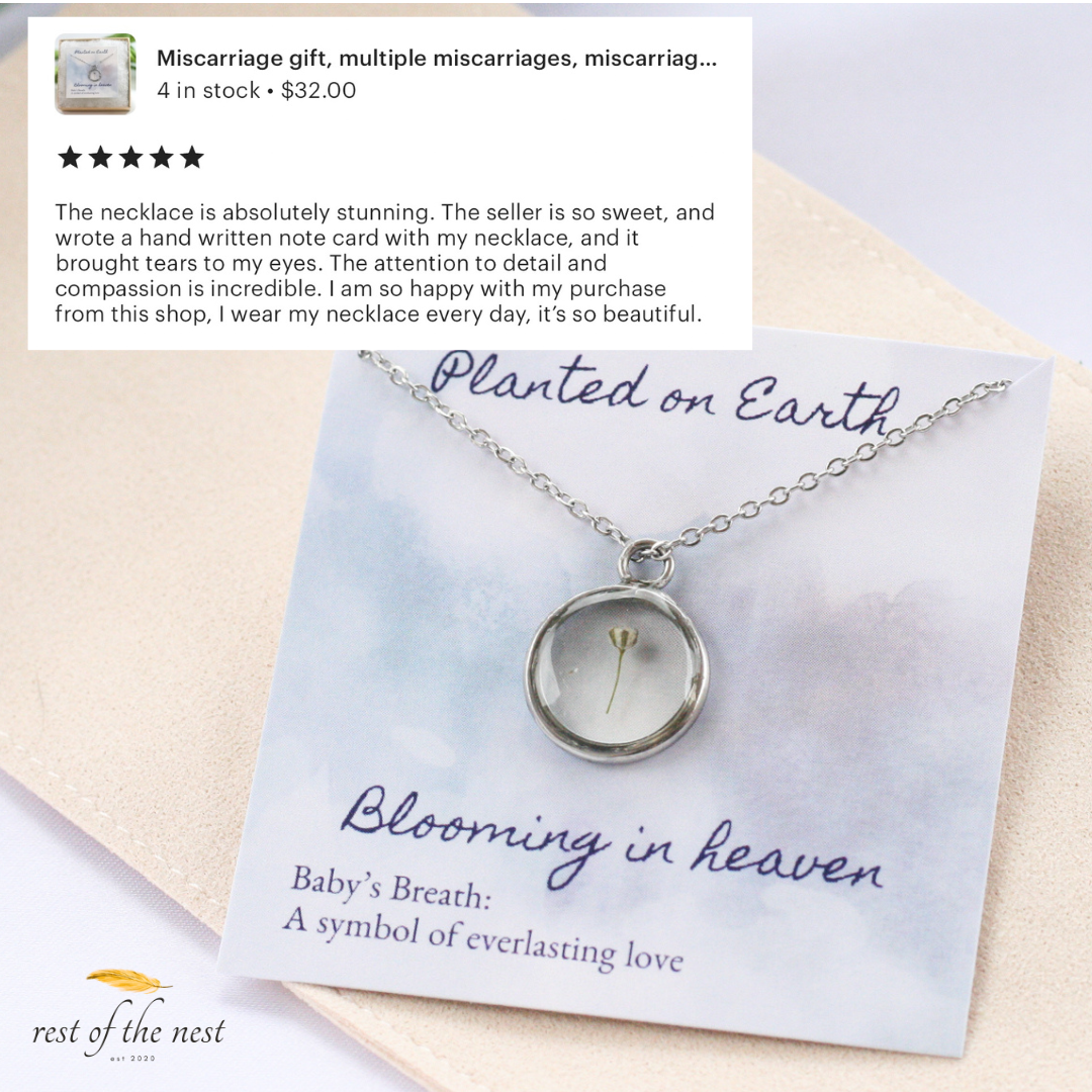 babys breath in silver pendant necklace with 5 star review overlapping photo