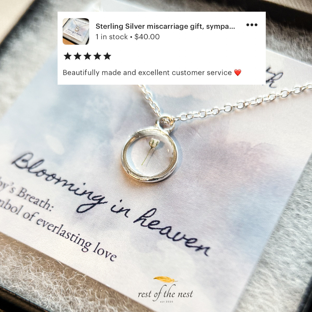 one piece of babys breath in a sterling silver pendant necklace with a necklace card reading "planted on earth blooming in heaven" with a 5 star review